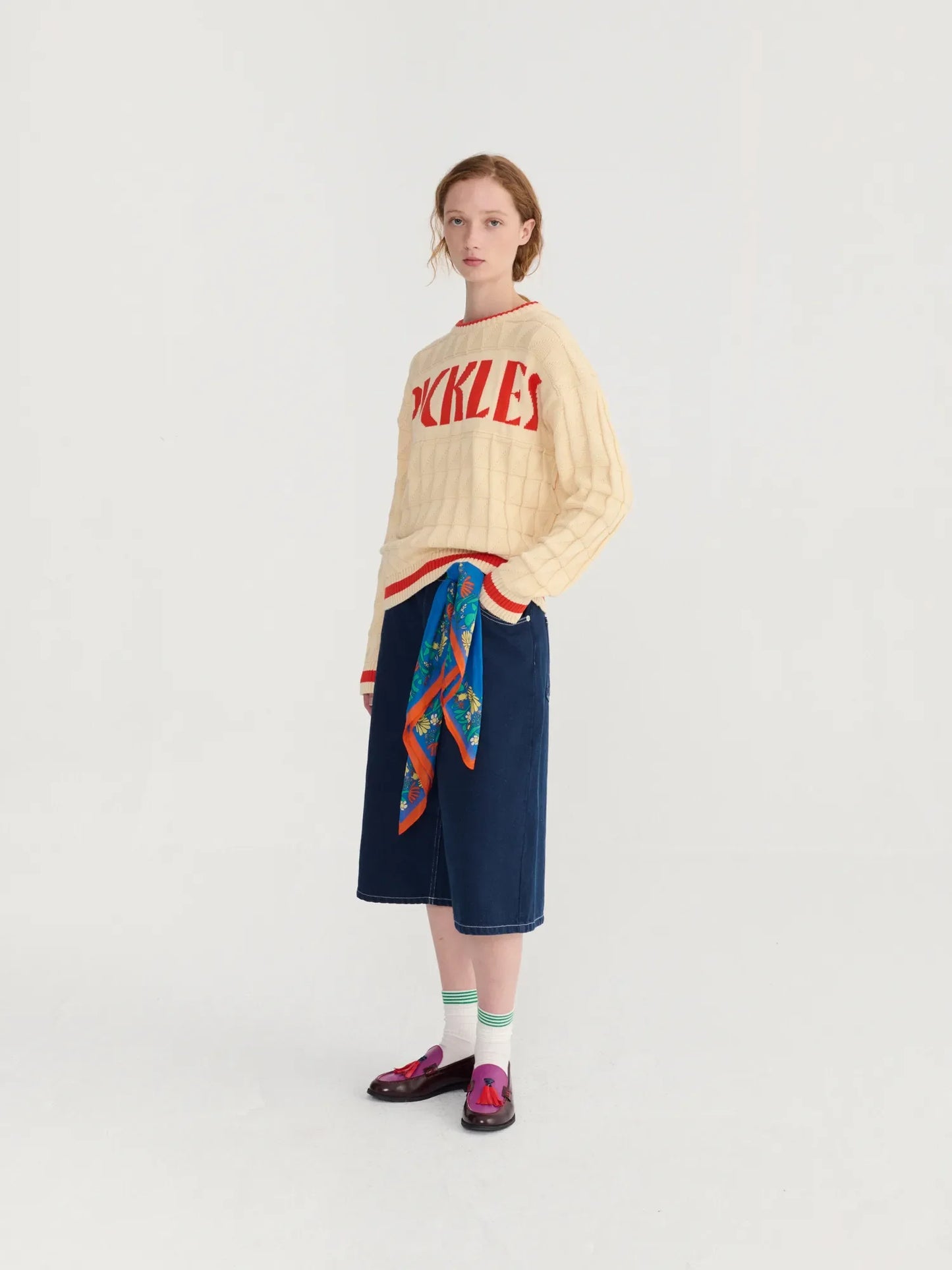 Contrast‑stitching denim bermuda
